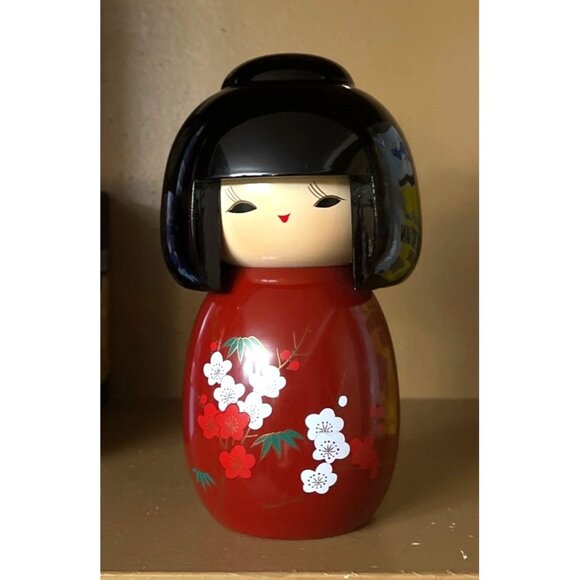 Kokeshi Other - Vtg Japanese Kokeshi Doll Red Lacquer Hand Carved & Painted Plum Blossoms 5.75"